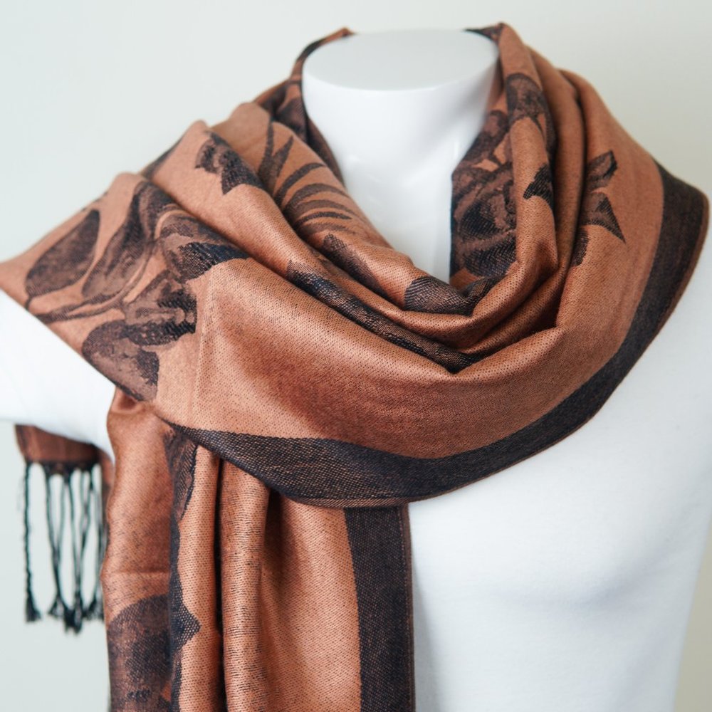 Coffee Black Floral Silk Pashmina Scarves for women Long Shawls Women Head Wraps